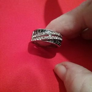 Silver plated black and clear Stone ring
